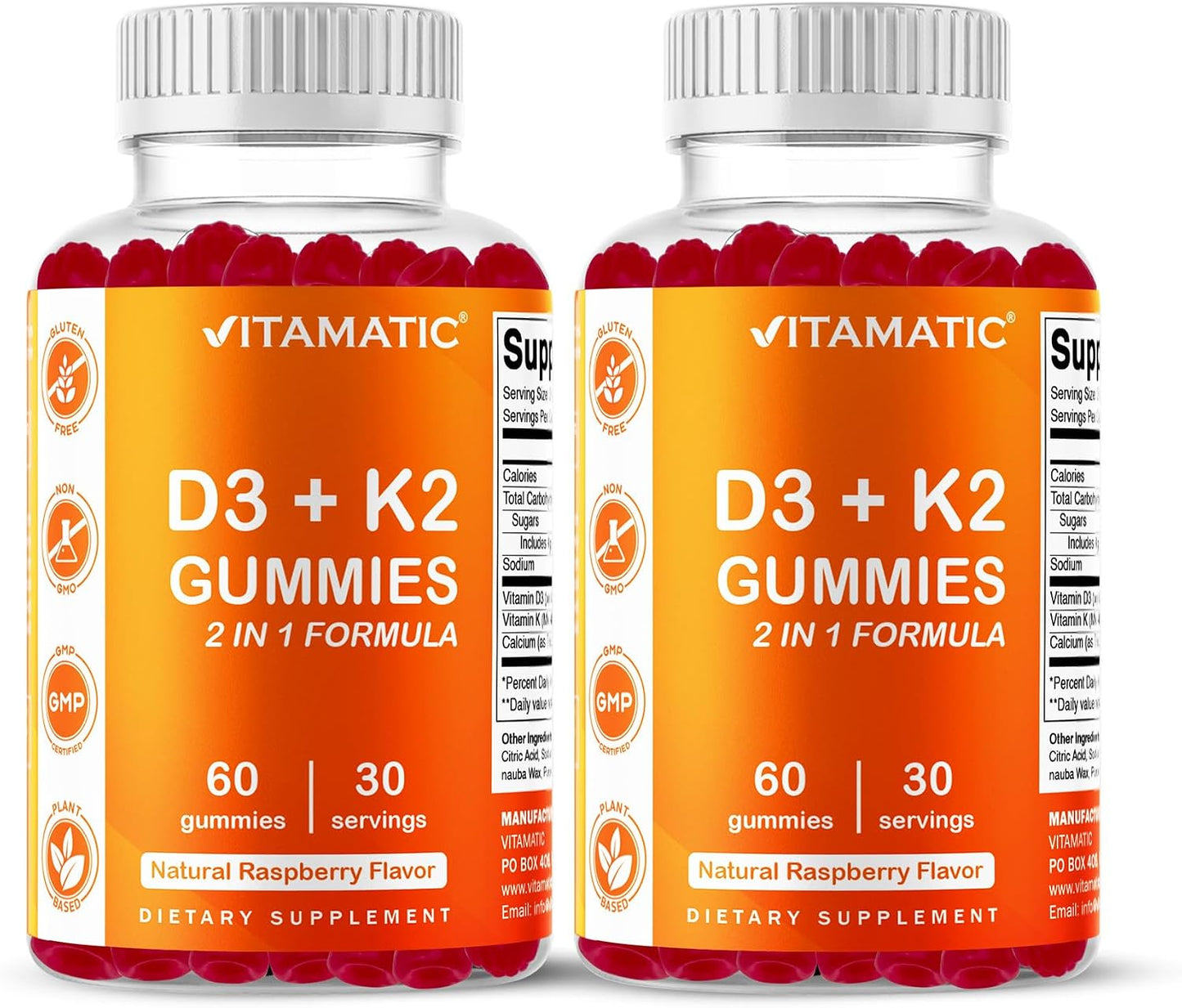 Vitamatic Vitamin D3 + K2 Gummies 60 Count - 2 Pack | D-3 5000 IU + Vitamin K 140mcg for Bone Heart & Immune Support, Pectin-Based, Non-GMO, Gluten-Free