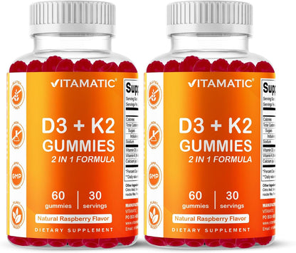 Vitamatic Vitamin D3 + K2 Gummies 60 Count - 2 Pack | D-3 5000 IU + Vitamin K 140mcg for Bone Heart & Immune Support, Pectin-Based, Non-GMO, Gluten-Free