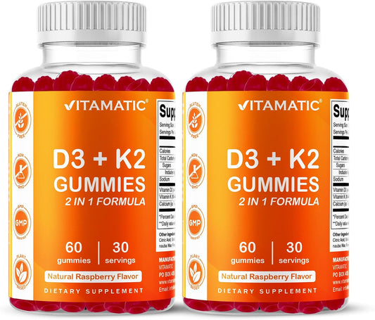 Vitamatic Vitamin D3 + K2 Gummies 60 Count - 2 Pack | D-3 5000 IU + Vitamin K 140mcg for Bone Heart & Immune Support, Pectin-Based, Non-GMO, Gluten-Free
