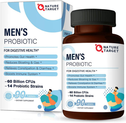 NATURE TARGET Probiotics for Men, 60 Billion CFU, 90 Veggie Tablets | 14 Strains Probiotics & Prebiotics for Men's Digestive & Immune Health, Shelf Stable, Gluten & Soy Free
