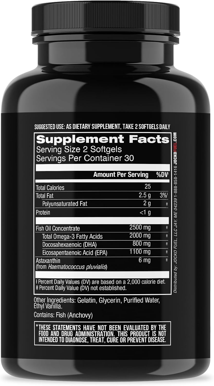 Jocko Fuel Omega 3 Fish Oil Supplement 2000mg - Burpless Fatty Acid Supplement, Wild Caught, Powerful Antioxidant with Astaxanthin (60 Capsules)