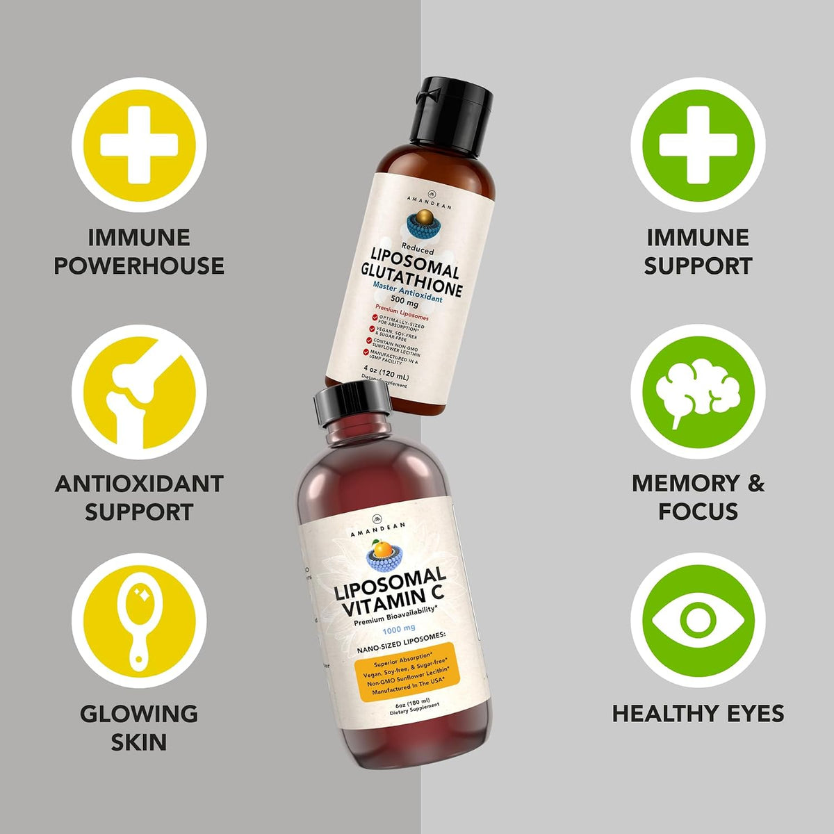 AMANDEAN Antioxidant Bundle - Liposomal Vitamin C Quali®-C 1000mg + Liposomal Glutathione Setria® 500mg - Non-GMO Vegan Liquid Formulas for Immune Support, Radiant Skin & Graceful Aging. Soy Free.