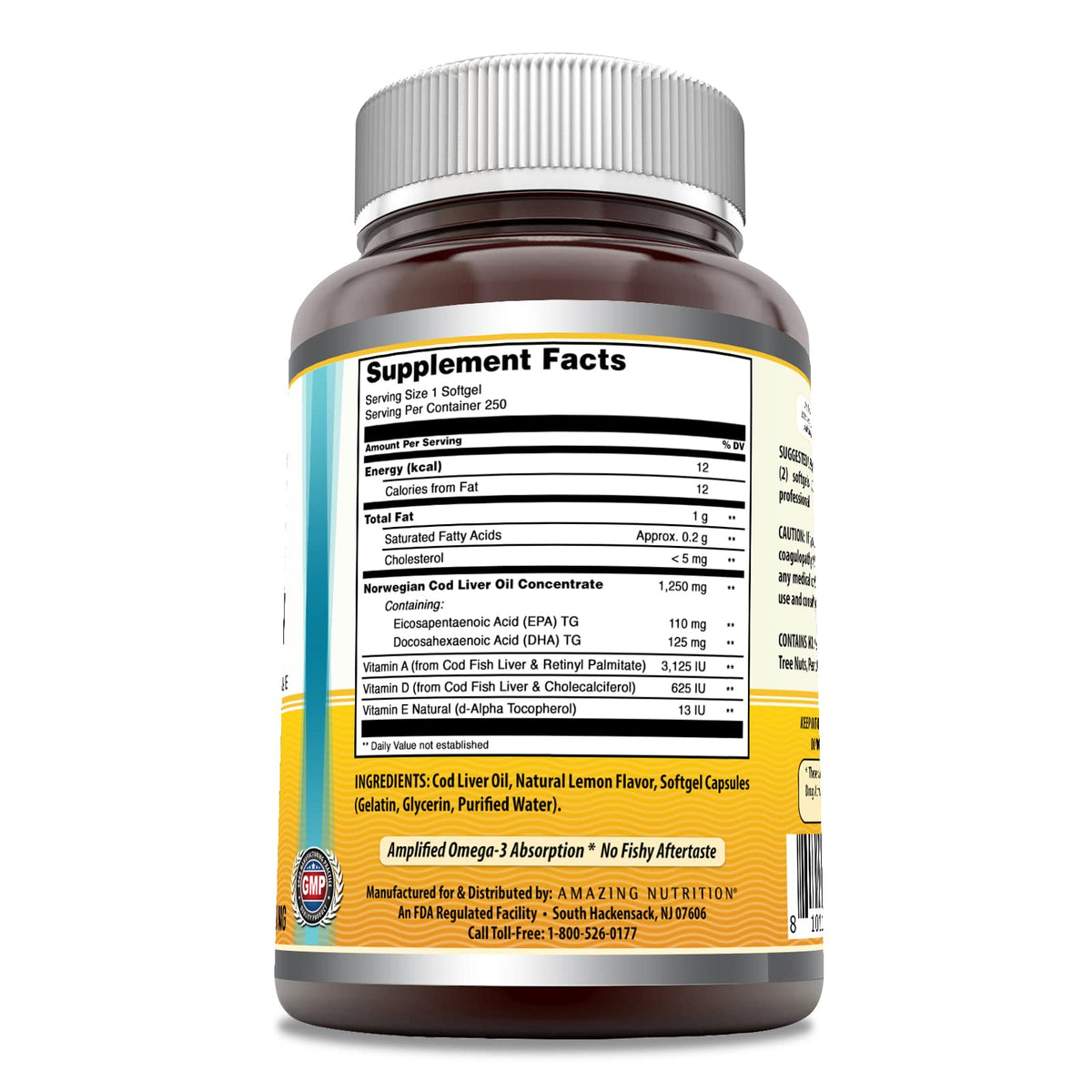 Amazing Omega Norwegian Cod Liver Oil 1250 Mg Softgels Supplement | Omega-3, EPA, DHA, Vitamin A, Vitamin D & Vitamin E (Lemon | 120 Count)