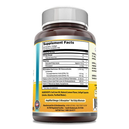 Amazing Omega Norwegian Cod Liver Oil 1250 Mg Softgels Supplement | Omega-3, EPA, DHA, Vitamin A, Vitamin D & Vitamin E (Lemon | 120 Count)