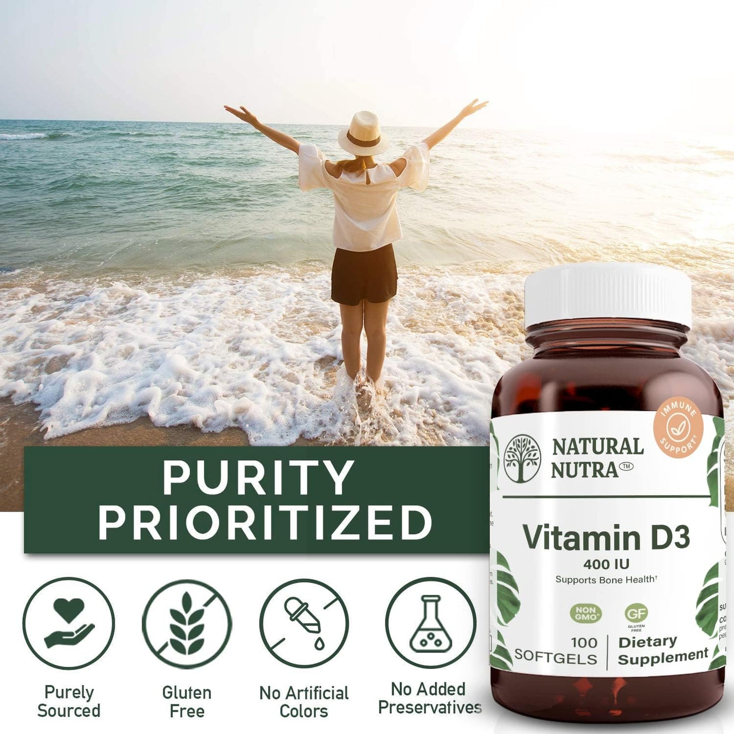 Natural Nutra Vitamin D3 400 IU Softgels, Gluten-Free Vitamin D, 100 Count | Supports Immune Function, Bone & Teeth Support, Cardiovascular Support