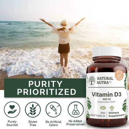 Natural Nutra Vitamin D3 400 IU Softgels, Gluten-Free Vitamin D, 100 Count | Supports Immune Function, Bone & Teeth Support, Cardiovascular Support