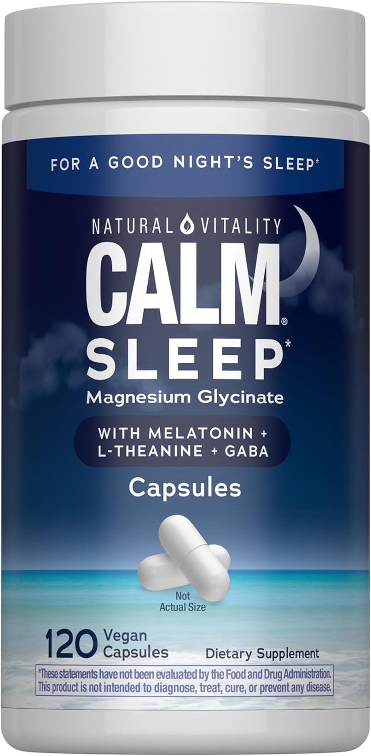 Natural Vitality Calm Sleep Capsules | Magnesium with Melatonin, L-Theanine & Gaba Supplement | For a Good Night's Sleep | Non-GMO, Gluten Free & Vegan | 120 Count