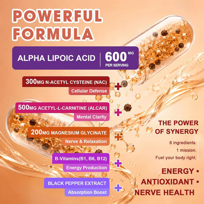 Migcopat R-Alpha Lipoic Acid 600mg, Neuropathy Supplements with ALCAR, NAC, Magnesium, Active B-Vitamins | Antioxidant for Energy & Nervous System Support, Non-GMO, Gluten Free, Vegan, 120 Capsules