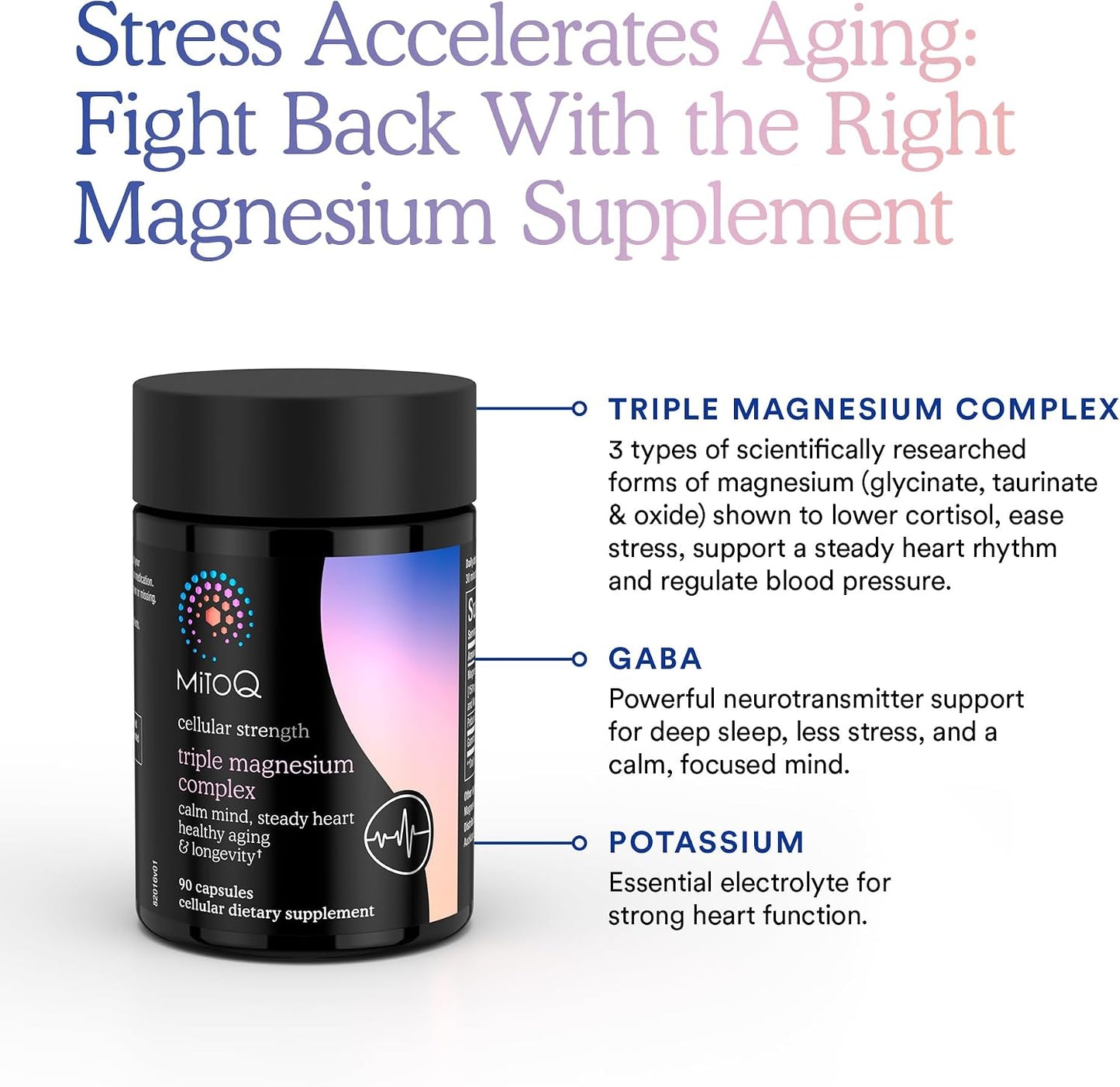 MitoQ Triple Magnesium Complex - Magnesium Glycinate, Taurinate, and Oxide with GABA for Heart Health, Stress Management, and Deeper Sleep - High Absorption Relaxation Supplement (90 Capsules)