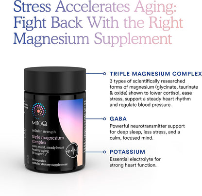 MitoQ Triple Magnesium Complex - Magnesium Glycinate, Taurinate, and Oxide with GABA for Heart Health, Stress Management, and Deeper Sleep - High Absorption Relaxation Supplement (90 Capsules)
