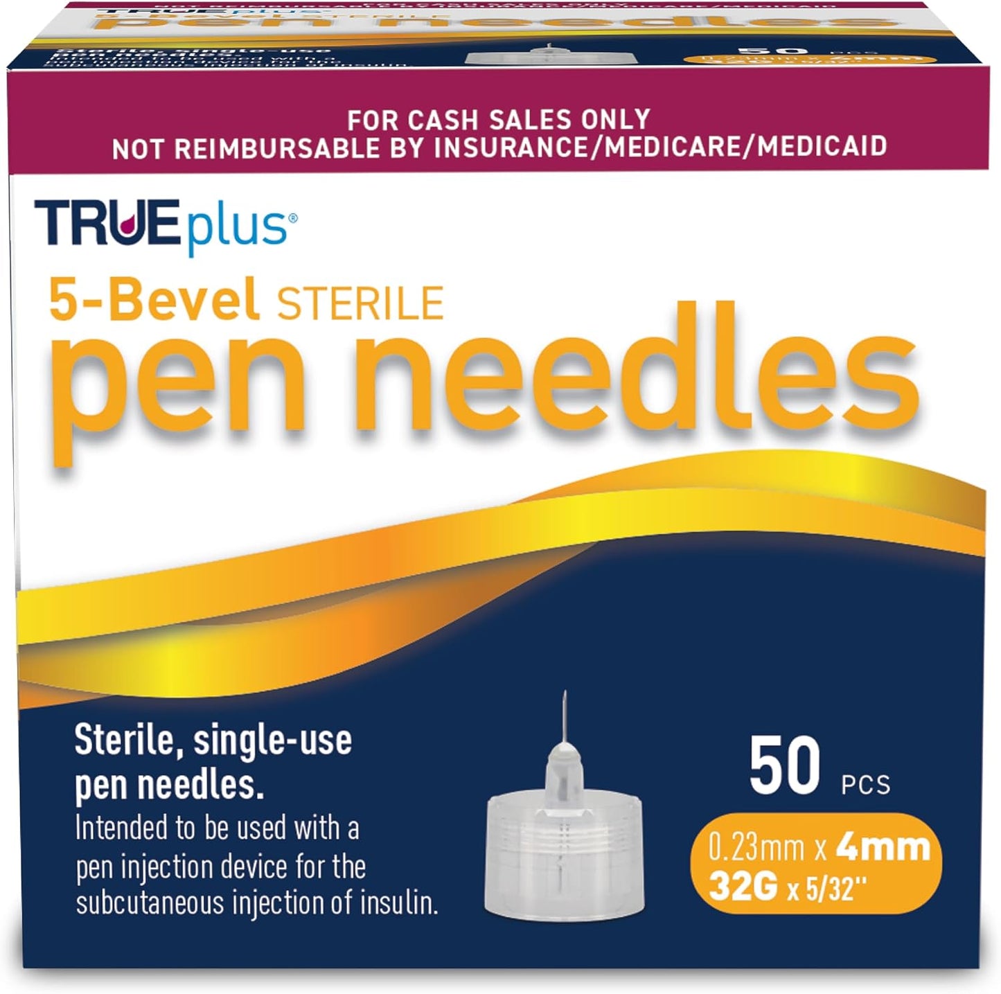 TRUEplus 5-Bevel Sterile Pen Needles, 32G x 4mm (5/32 Inch), 50 Count | For Use with Pen Injection Device, Single-Use Needles, Compatible Thread with Major Pen Devices, Silicone Coated