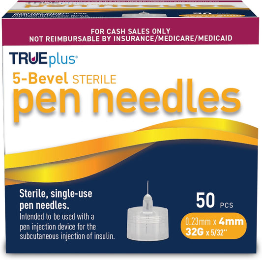 TRUEplus 5-Bevel Sterile Pen Needles, 32G x 4mm (5/32 Inch), 50 Count | For Use with Pen Injection Device, Single-Use Needles, Compatible Thread with Major Pen Devices, Silicone Coated