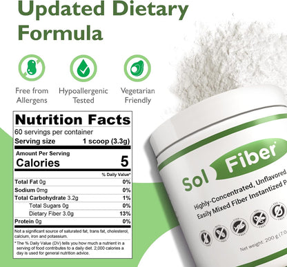 SolFiber Prebiotic Powder Supplement, Non-GMO Alternative to Fiber Gummies, Supports Digestive Health, Easy-to-Mix and Highly-Concentrated Fiber Powder, 7 Ounces, 60 Servings