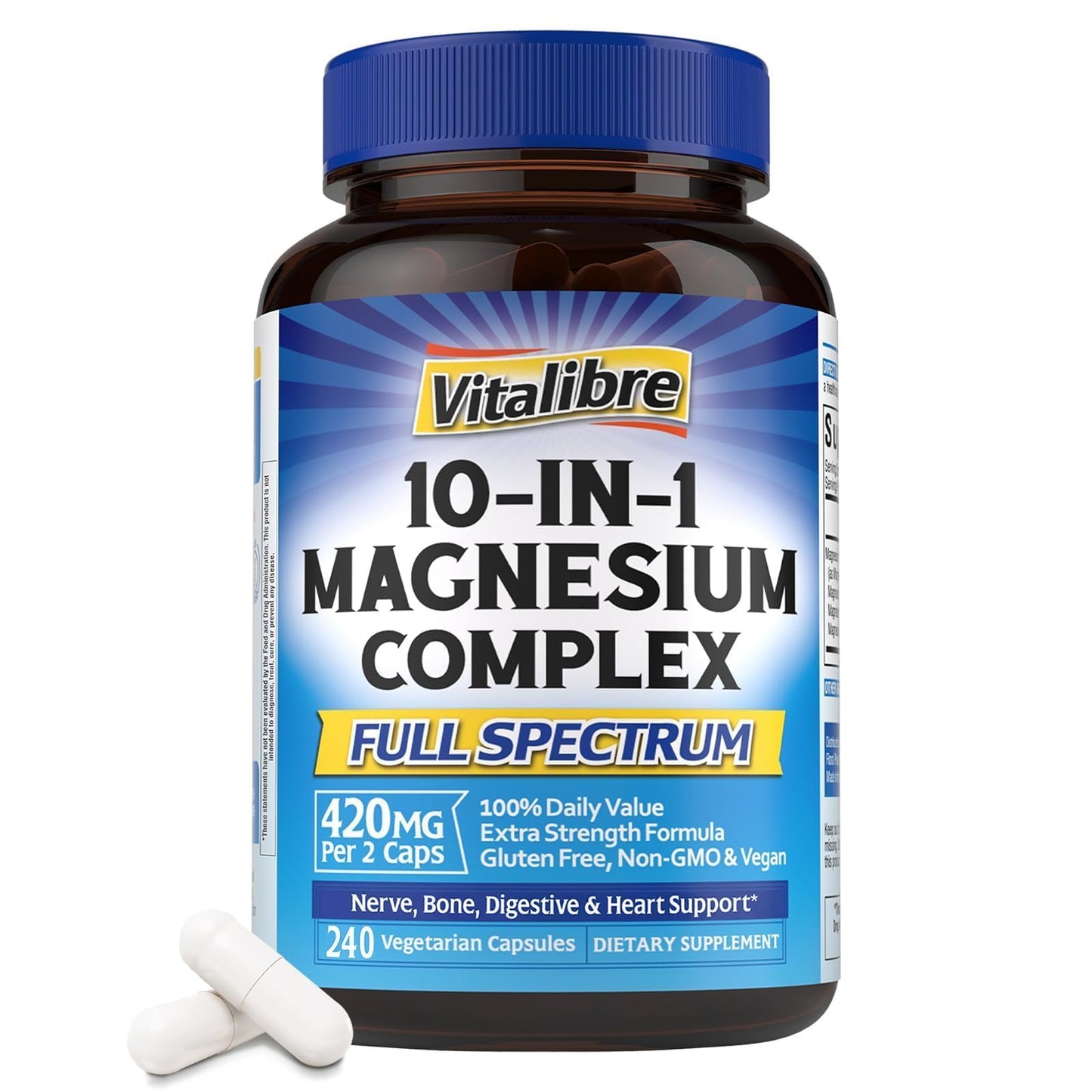 Vitalibre 10 in 1 Magnesium Complex, 420mg Elemental Magnesium 120 Capsules | Ultra Strength, Max Absorption | Chelated Magnesium Supplement for Women Men Nerves, Bone & Heart Health | Non-GMO