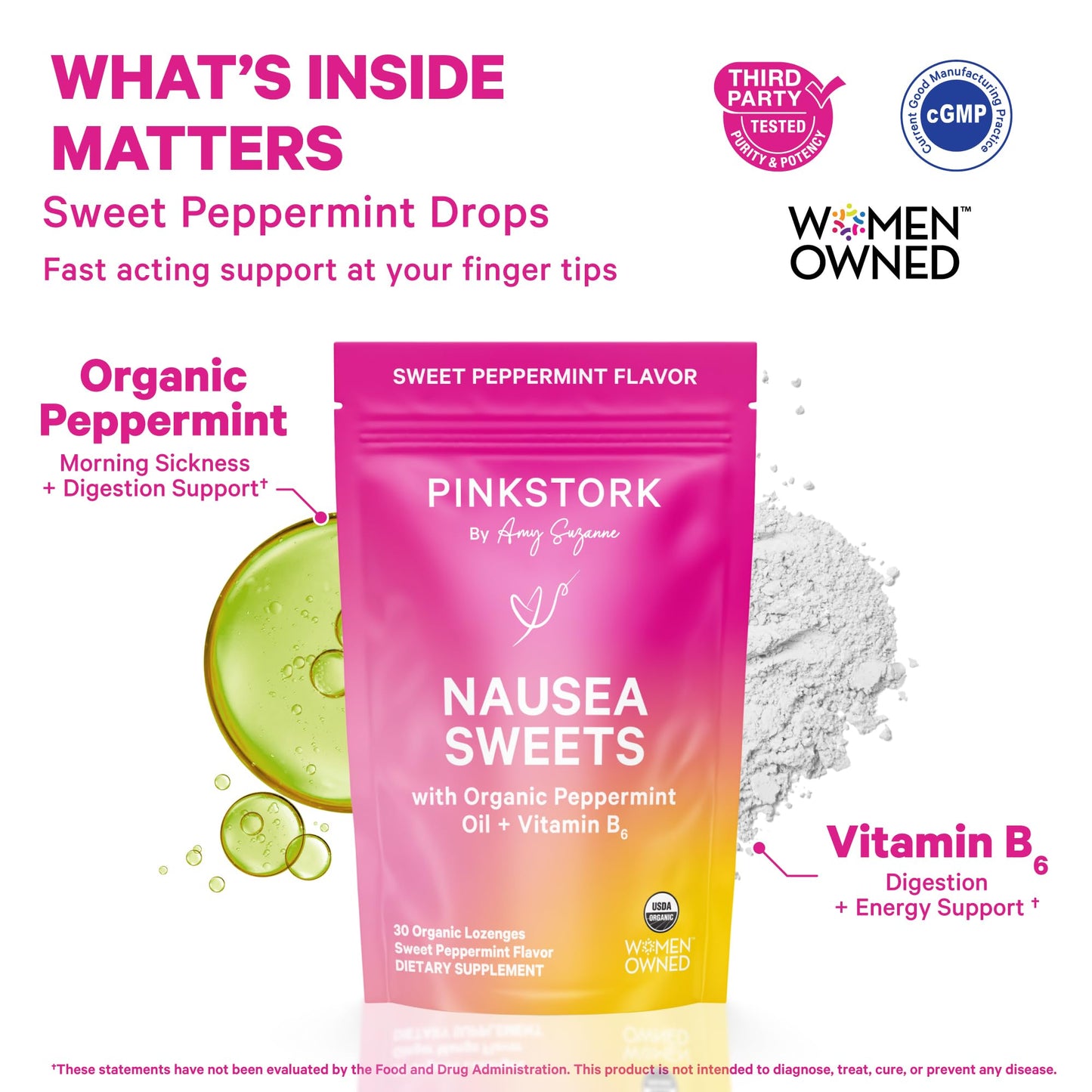 Pink Stork Organic Peppermint Sweets, Peppermint, 30 Candies | Morning Sickness Support, Motion Sickness Support, Added Vitamin B6, 1st Trimester Pregnancy Must Haves, Wrapped