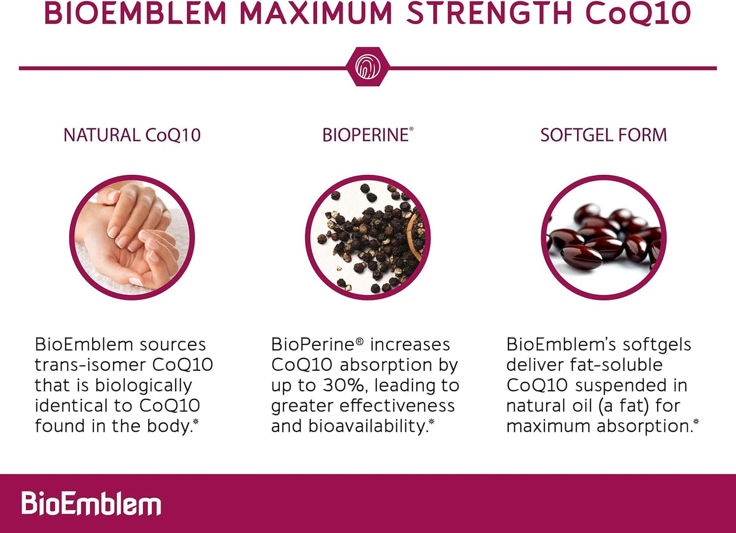 BioEmblem CoQ10 with BioPerine - 200mg Softgels, High Absorption - Coenzyme Q10 Antioxidant for Energy Production, Heart Health - Natural Form, Non-GMO CoQ10 Supplement - 90 Count