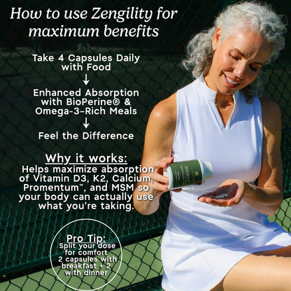 Zen Principle Zengility™ Joint Support & Bone Strength Supplement – Fast-Acting Relief with MSM, Plant Calcium, Vitamin K2 & D3. Shellfish-Free Vegan Formula for Mobility & Comfort. 240 Capsules