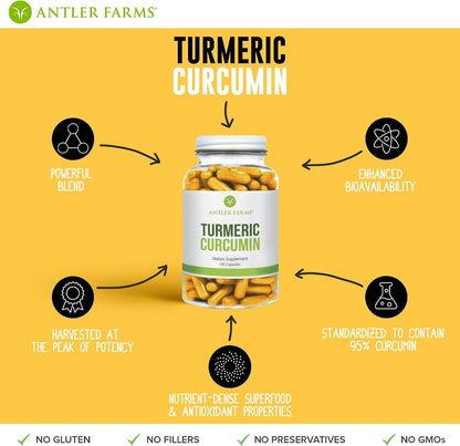 Antler Farms 100% Pure Turmeric Curcumin - Vegan, 130 Capsules | 95% Curcuminoids & Black Pepper Extract, Enhanced Absorption, Non GMO, Gluten Free, No Soy, Dairy Free