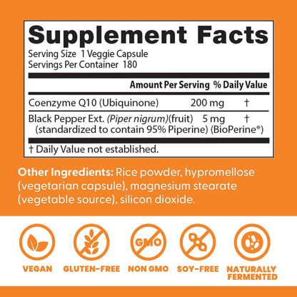 Doctor's Best High Absorption CoQ10 200mg with BioPerine Supplement - Coenzyme Q10 Caps for Heart Health & Antioxidant Support, CoQ10 200 mg for Women & Men, Non GMO - 60 Veg Capsules