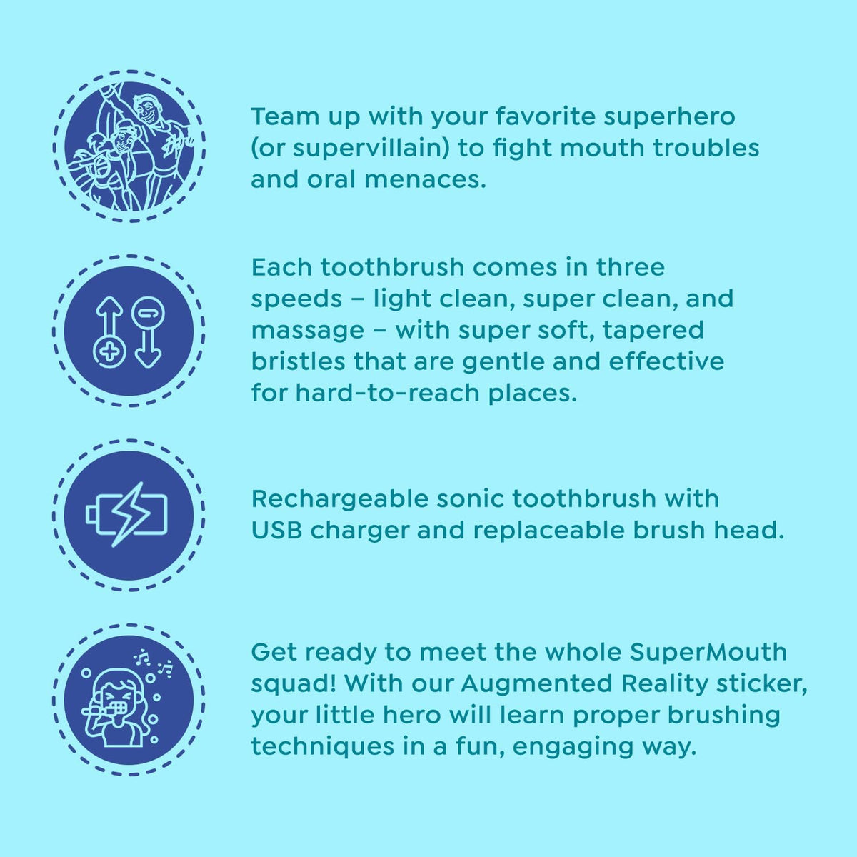 SuperMouth Sidekick Sonic Toothbrush, Rechargeable, Kids 6+, Melo-D