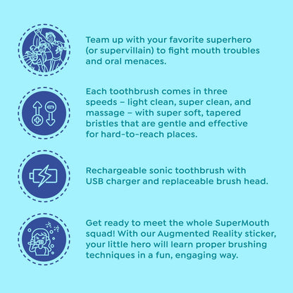 SuperMouth Sidekick Sonic Toothbrush, Rechargeable, Kids 6+, Melo-D