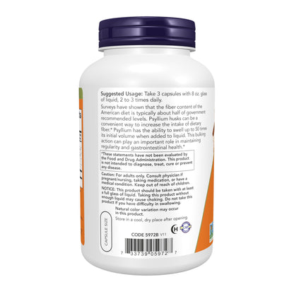 NOW Foods Supplements, Psyllium Husk Caps 500 mg, Non-GMO Project Verified, Natural Soluble Fiber, Intestinal Health*, 500 Veg Capsules