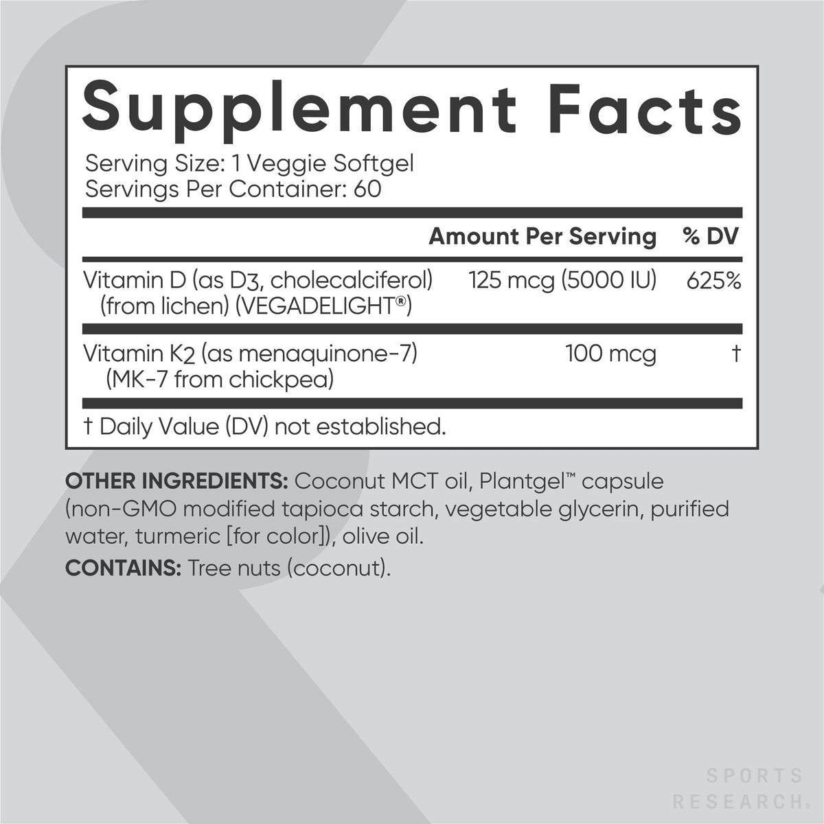 Sports Research Vegan Vitamin D3 + K2 Supplement with Organic Coconut Oil - 5000iu