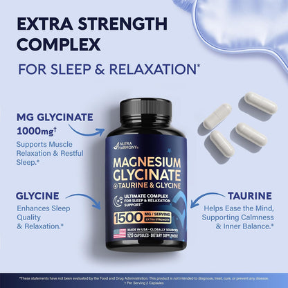 Magnesium Glycinate - Sleep & Relaxation Support - Extra Strength Glycinate, Glycine & Taurine 1500 mg - Magnesium Supplement for Women & Men - Chelated & High Absorption - Lab Tested - 120 Capsules