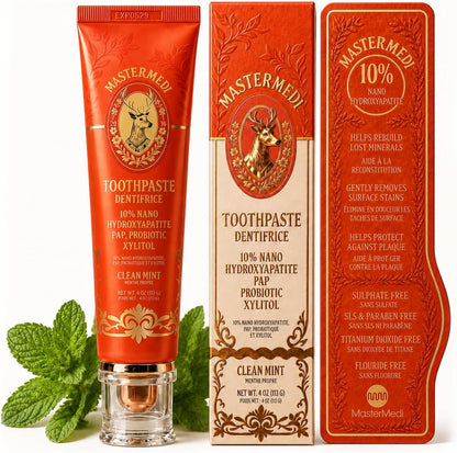 MasterMedi 4-in-1 Formula with 10% Nano Hydroxyapatite Toothpaste (nHA), Probiotic, Pap & Xylitol. Fluoride & SLS Free. Whitening and Enamel Support, Gentle for Sensitive Teeth – Fresh Mint
