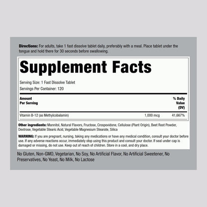Piping Rock Vitamin B12 1000 mcg Sublingual | 120 Tablets | As Methylcobalamin | Berry Flavor | Vegetarian, Non-GMO, Gluten Free Supplement