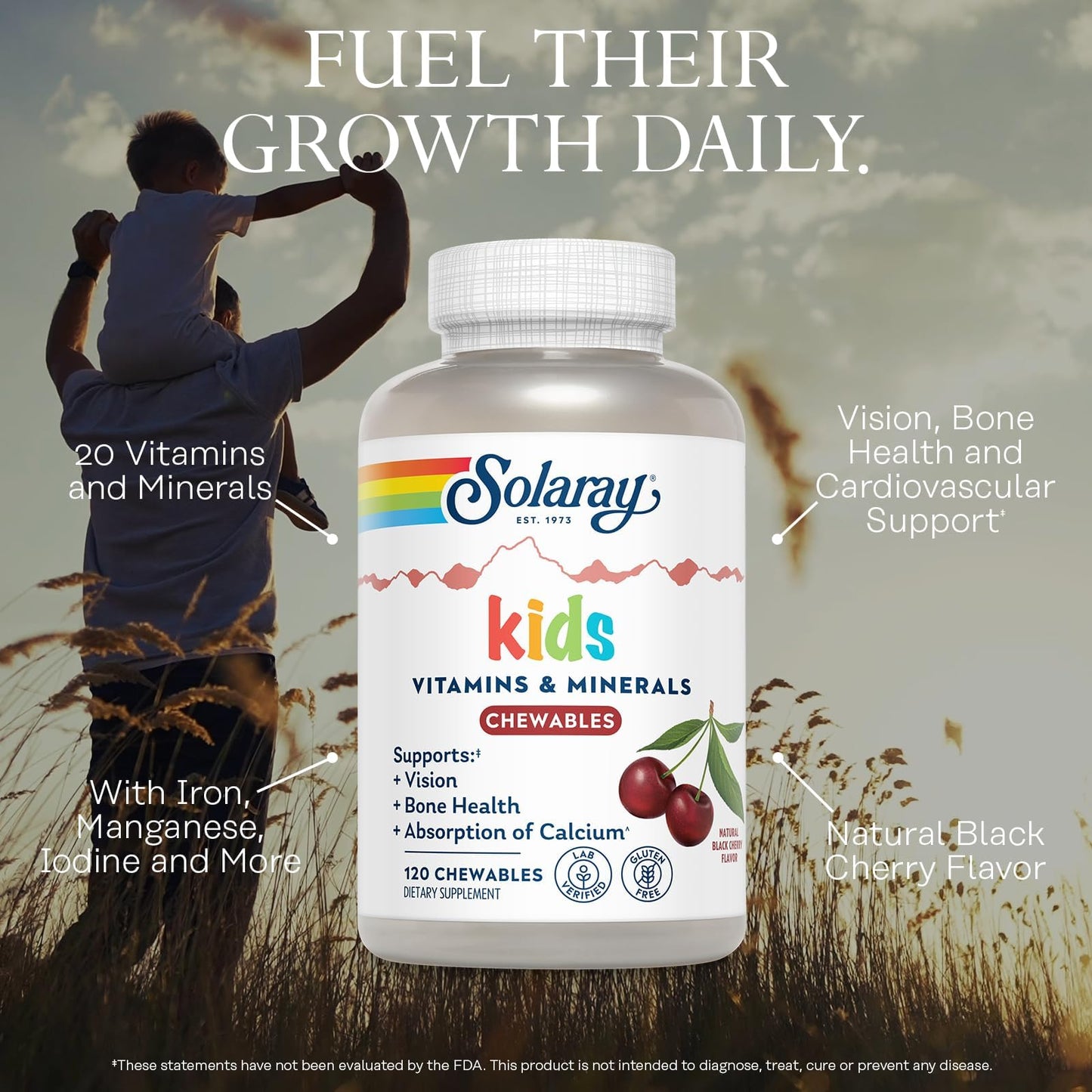 SOLARAY Kid's Vitamins & Minerals, Multivitamin for Kids - Bones, Vision, Heart Health Support w/Vitamin C, Vitamin D and B2, Iron - Gluten Free, 120 Black Cherry Chewables, 60 Servings