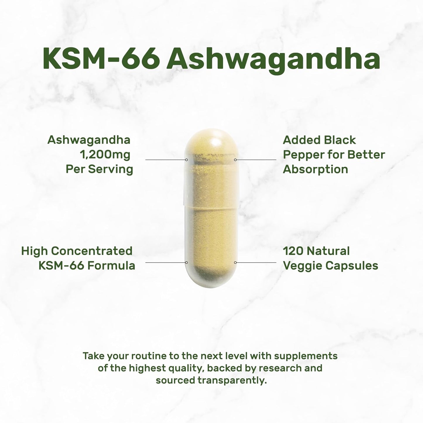 KSM 66 Ashwagandha 1,200mg with Black Pepper, 120 Veggie Capsules – Extra Strength Root Extract – High Absorption – Adaptogenic Supplements for Relaxation, Energy, & Brain Health – Non-GMO