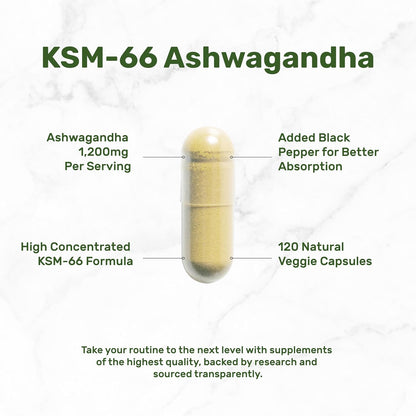 KSM 66 Ashwagandha 1,200mg with Black Pepper, 120 Veggie Capsules – Extra Strength Root Extract – High Absorption – Adaptogenic Supplements for Relaxation, Energy, & Brain Health – Non-GMO