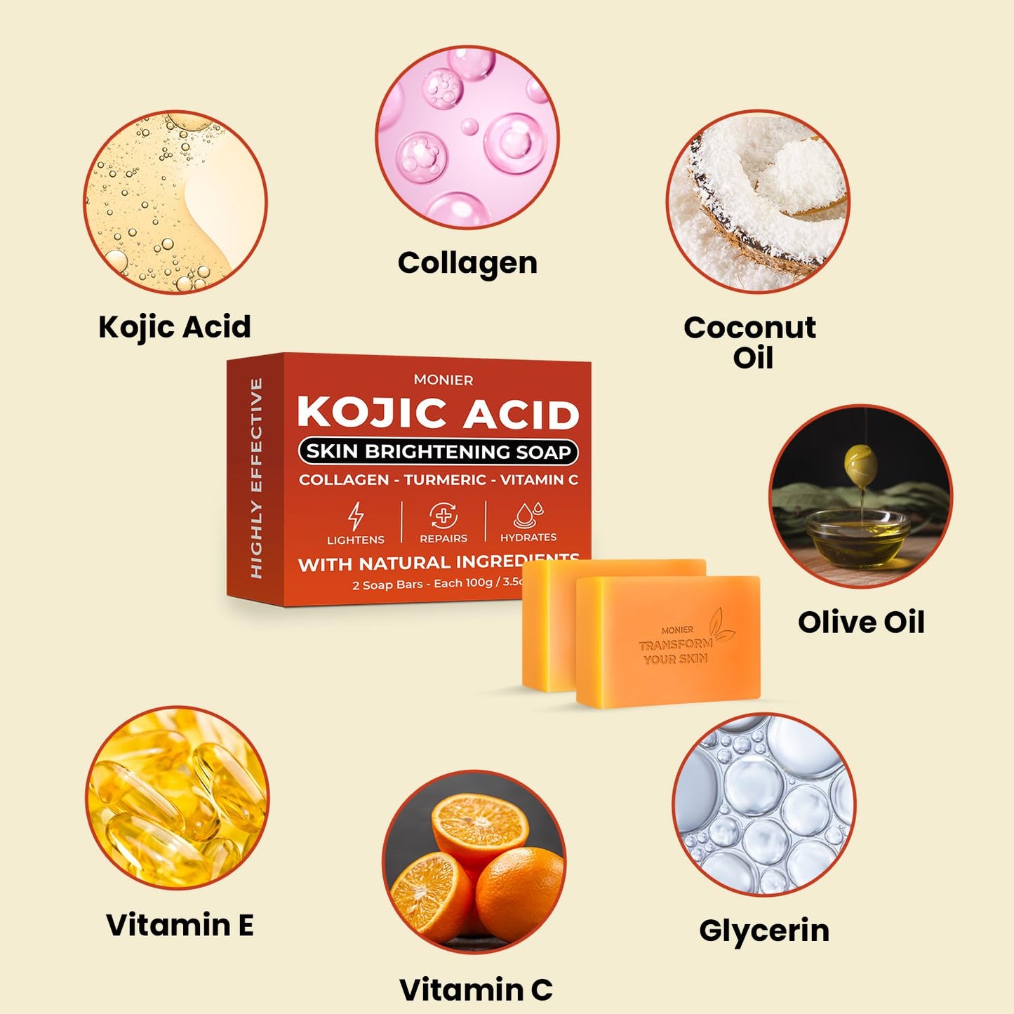 MONIER Kojic Acid Soap - Dark Spot Remover Soap Bars - with Collagen | with Collagen, Turmeric, Coconut Oil, Vitamin C, Vitamin E, Moisturizing & Nourishing, Original Japanese Complex