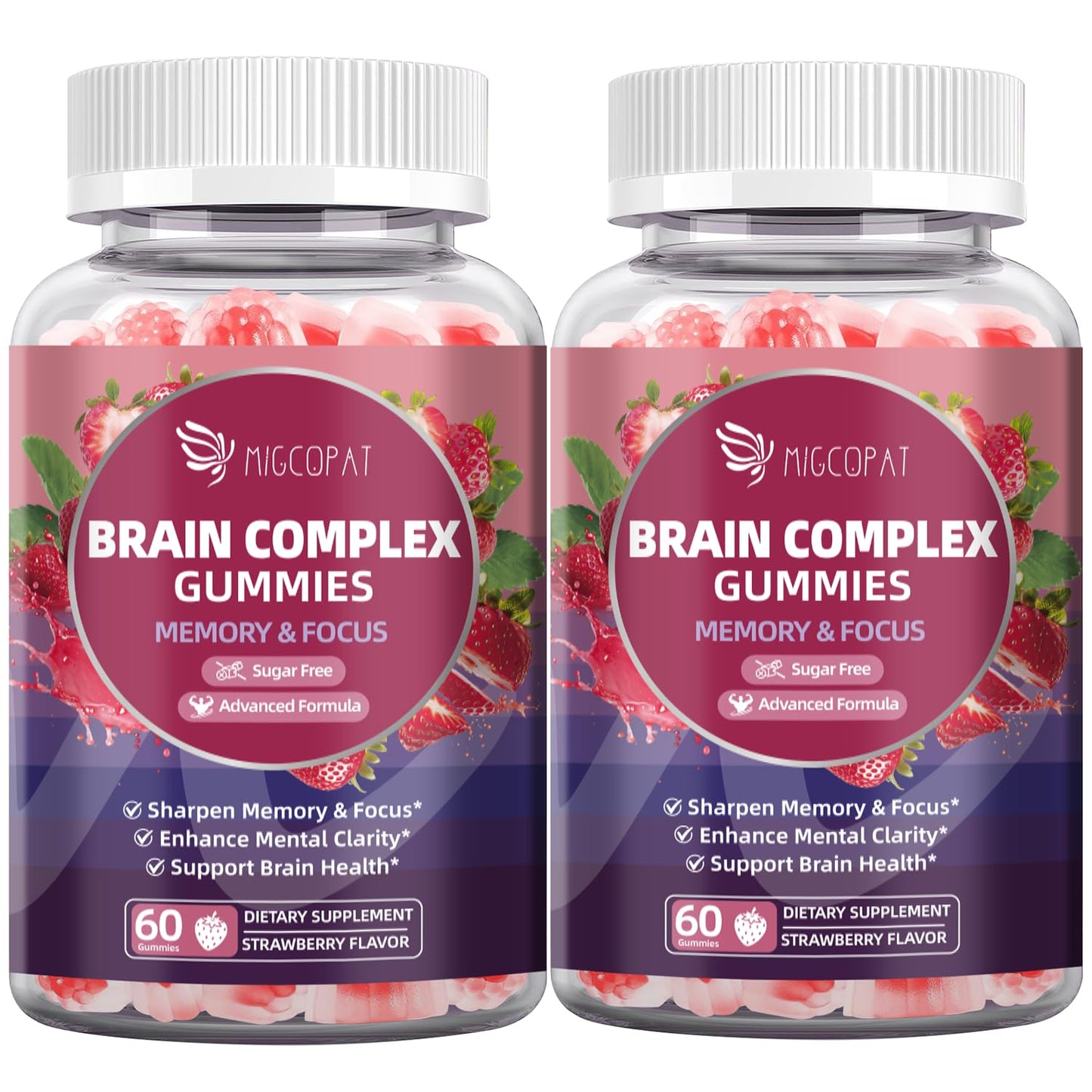 Migcopat Brain Supplements for Memory and Focus Gummies | Nootropic w/Bacopa Monnieri, Lion’s Mane, Ginkgo & 10-in-1 Mushroom Complex | Mental Clarity & Cognitive Support | Strawberry Flavor - 60 Cts