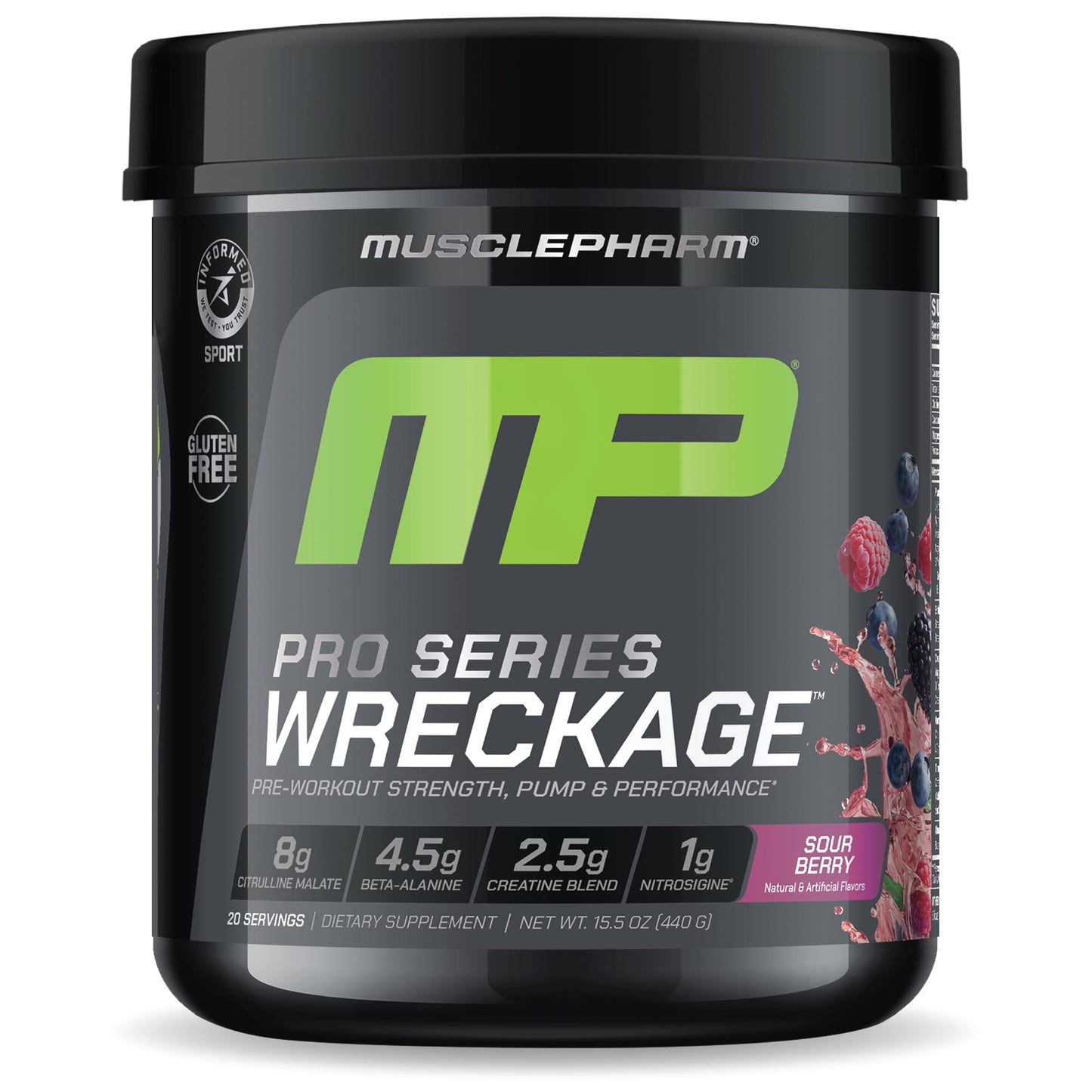Muscle Pharm Pro Series Wreckage Pre Workout Powder | Professional Grade 8-in-1 Blend for Strength, Pump, Focus & Nitric Oxide Performance | Sour Berry, 15.5 oz, 20 Servings