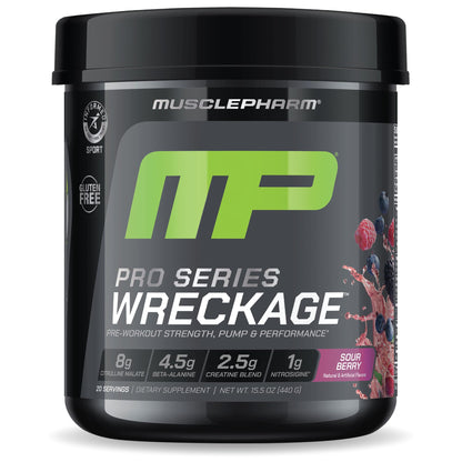 Muscle Pharm Pro Series Wreckage Pre Workout Powder | Professional Grade 8-in-1 Blend for Strength, Pump, Focus & Nitric Oxide Performance | Sour Berry, 15.5 oz, 20 Servings