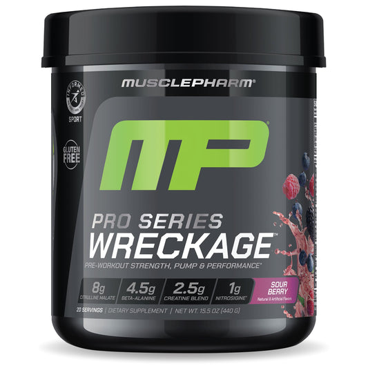 Muscle Pharm Pro Series Wreckage Pre Workout Powder | Professional Grade 8-in-1 Blend for Strength, Pump, Focus & Nitric Oxide Performance | Sour Berry, 15.5 oz, 20 Servings