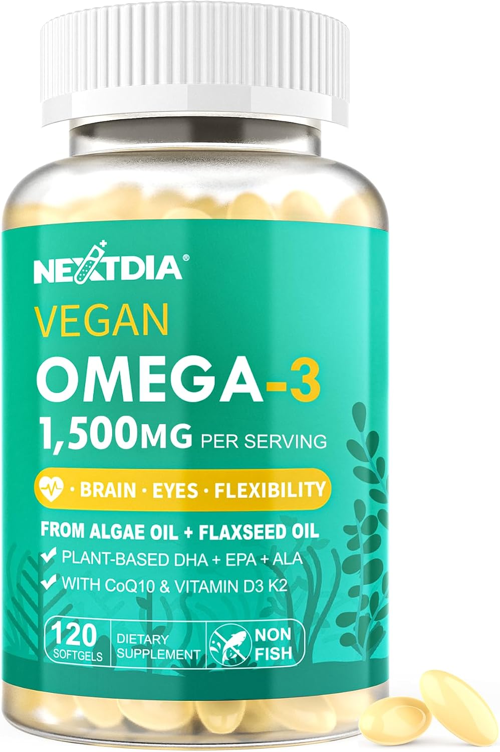 Vegan Omega 3 EPA DHA ALA Supplement + CoQ10, Vitamin D3 K2 (MK7) for Women Men | 1500mg Algae Oil as Fish Oil Alternative | Plant Based Omega 3 Mini Softgels for Bone, Brain, Eye, Skin | 120 Pills