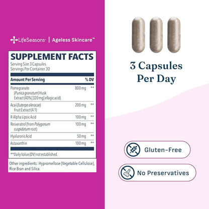 LifeSeasons Ageless Skincare - Anti Aging Supplement - Antioxidant Support - Moisturizes & Nourishes Skin - Acai Berry Astaxanthin Resveratrol R-Alpha Lipoic Acid & Pomegranate Extract - 90 Capsules