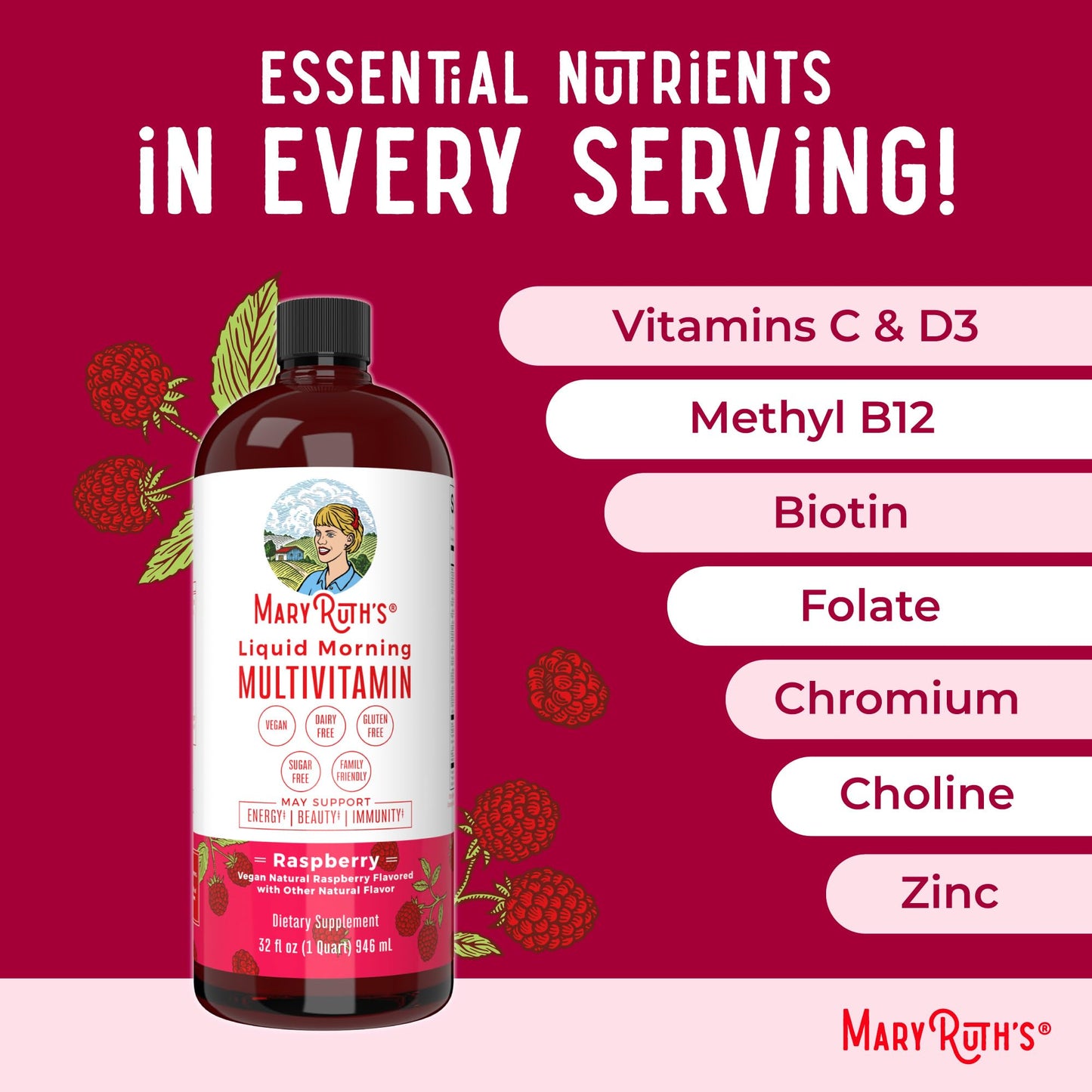 MARYRUTH'S Liquid Morning Multivitamin for Women, Men & Kids | Vitamin A C D E B6 B12 Biotin Zinc | Beauty | Vegan | Non-GMO | Gluten Free | 32 Servings