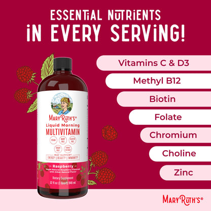 MARYRUTH'S Liquid Morning Multivitamin for Women, Men & Kids | Vitamin A C D E B6 B12 Biotin Zinc | Beauty | Vegan | Non-GMO | Gluten Free | 32 Servings