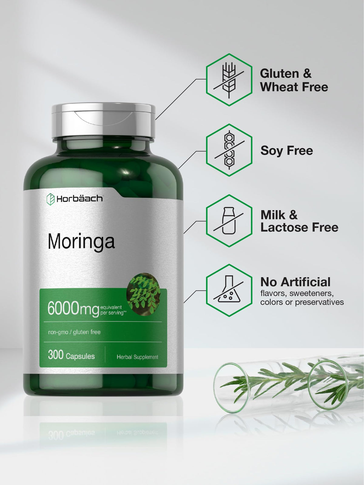 Horbäach Moringa Oleifera | 6000mg | 300 Powder Capsules | Non-GMO and Gluten free