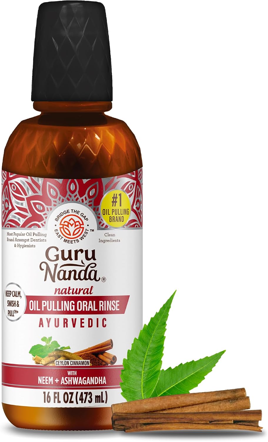 GuruNanda Cinnamon Oil Pulling Mouthwash with Neem & Ashwagandha, 16oz