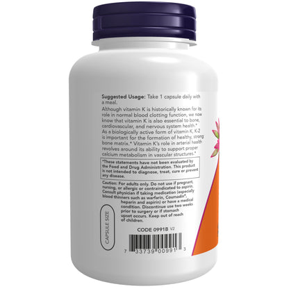 NOW Foods Supplements, Vitamin K-2 100 mcg, Menaquinone-4 (MK-4), Supports Bone Health*, 100 Veg Capsules