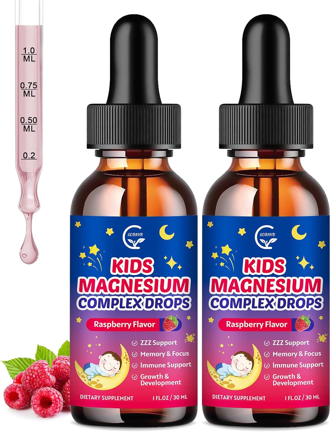 Magnesium Glycinate Liquid for Kids with L-Theanine, Omega-3 | Vitamin D3, K2, Zinc, Kids Magnesium Liquid Drops for Sleep & Calm, Brain, Bone, Sugar Free, Raspberry Flavor, 2 Bottles