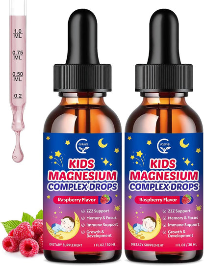 Magnesium Glycinate Liquid for Kids with L-Theanine, Omega-3 | Vitamin D3, K2, Zinc, Kids Magnesium Liquid Drops for Sleep & Calm, Brain, Bone, Sugar Free, Raspberry Flavor, 2 Bottles