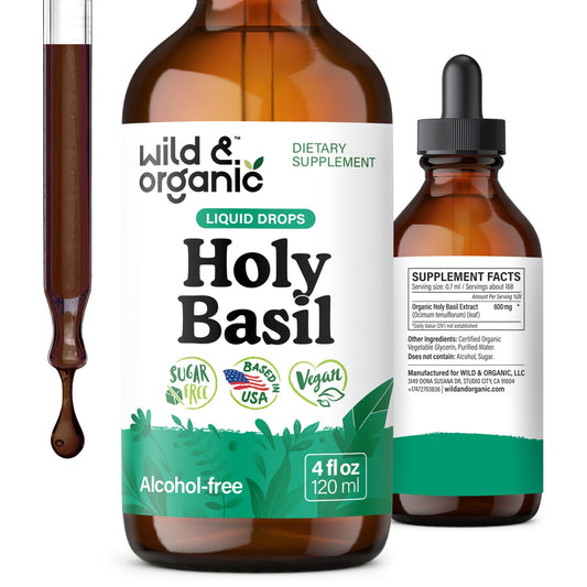 Wild & Organic Holy Basil Tincture - Relaxation & Calmness Support - Liquid Holy Basil Leaf Supplement - Tulsi Drops - Vegan, Sugar & Alcohol-Free Extract - 4 fl oz