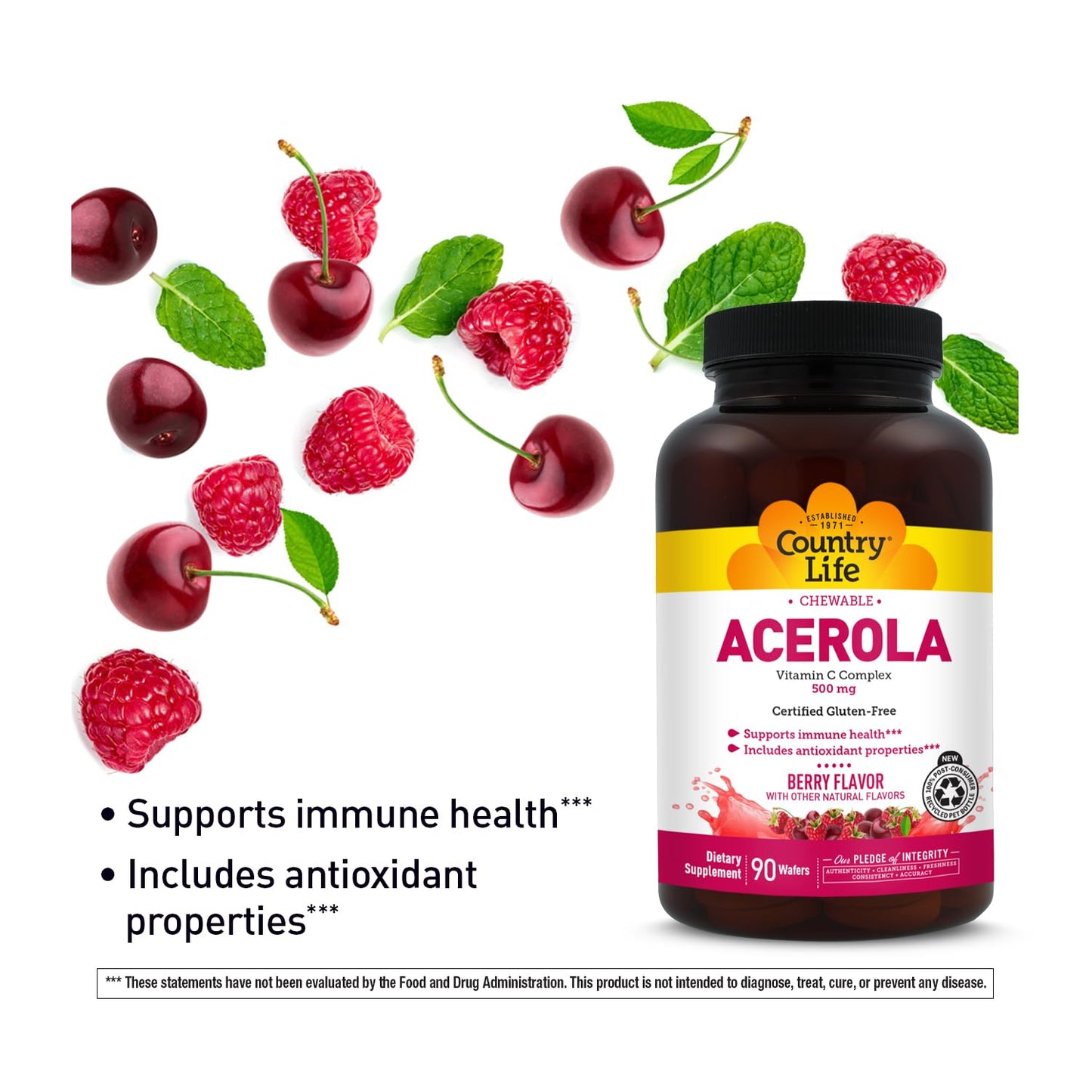 Country Life Acerola Vitamin C Complex, 500mg, Chewable Berry Flavored Wafers, Supports Immune Health, 180 Wafers, Certified Gluten Free by GFCO , Certified Vegan by AVA