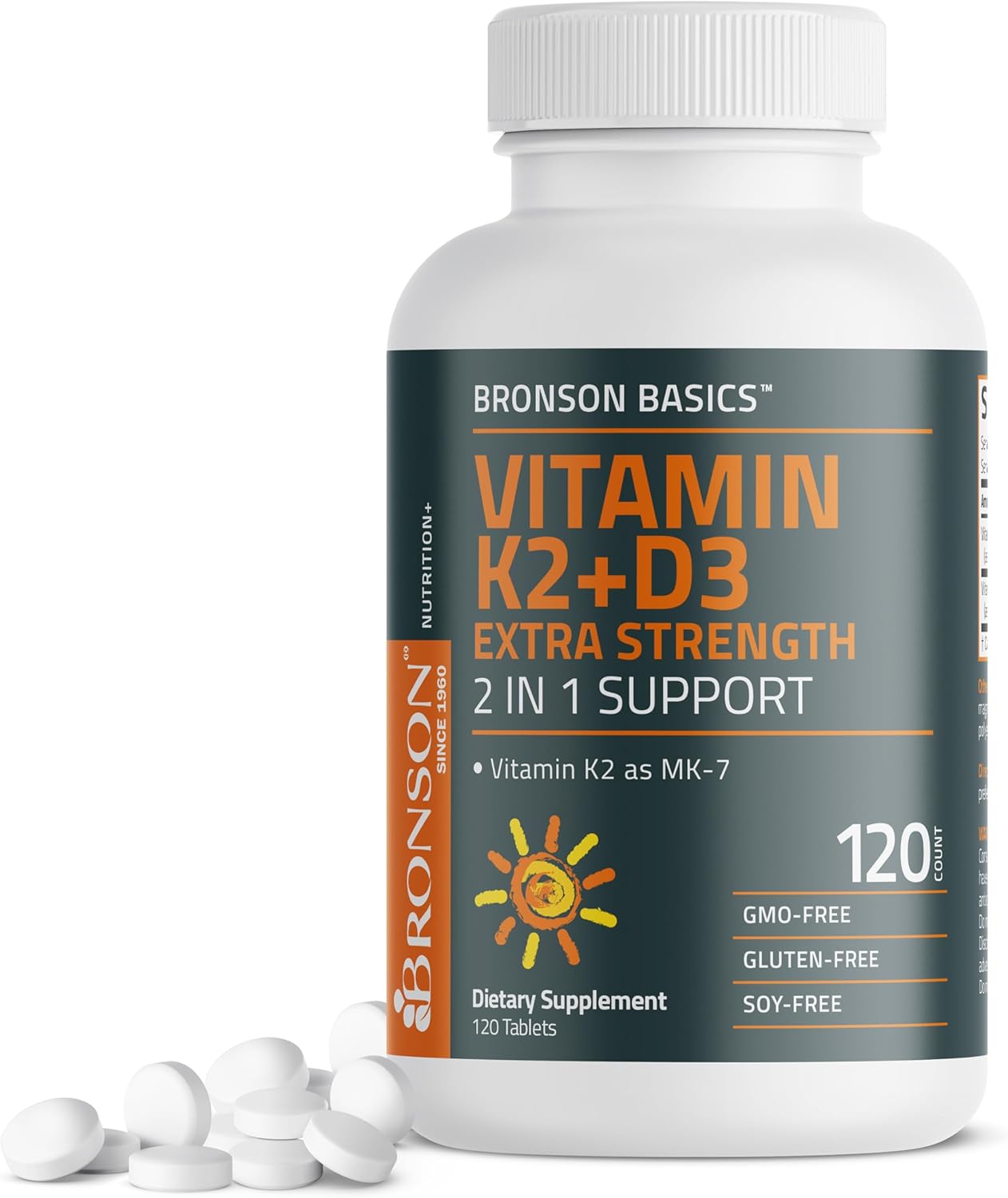Bronson Vitamin K2 (MK7) with D3 Supplement Extra Strength 2 in 1 Support, 10,000 IU Vitamin D3 & 120 mcg K2 MK-7, 120 Tablets